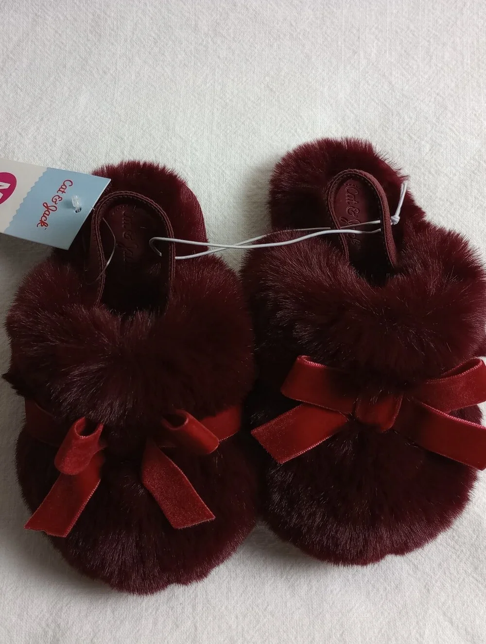 Cat & Jack Burgandy Faux Fur Slippers with Velvet Bows